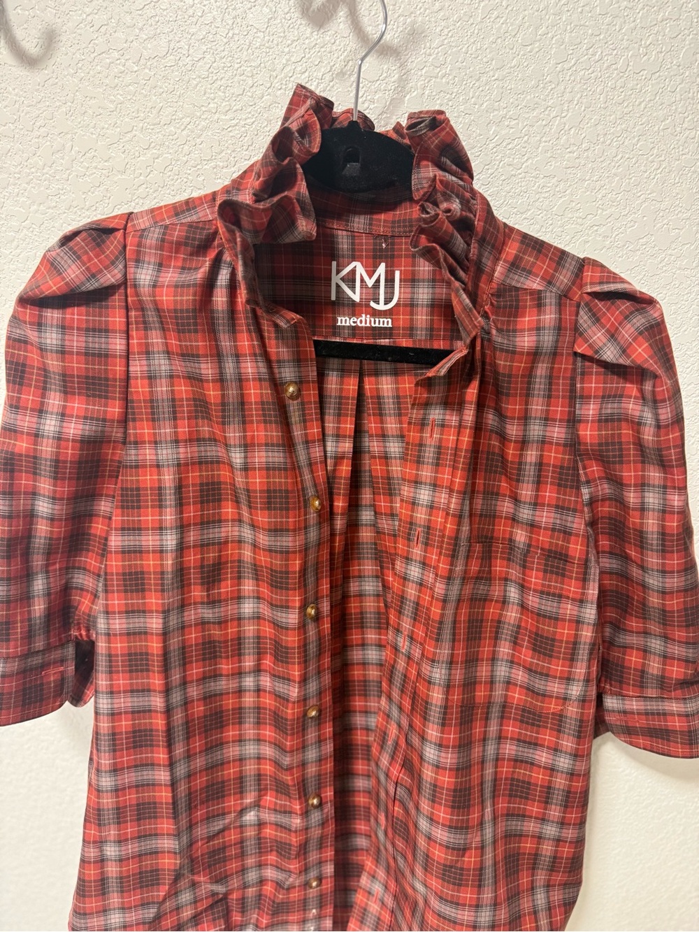 KMJ Bontina Red Plaid Ruffled Collar Blouse